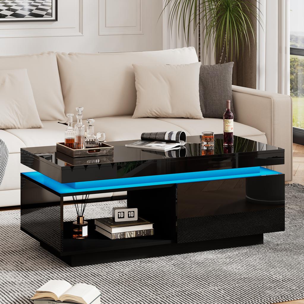 Modern High-gloss Coffee Table with LED Lighting, 100x50x40.3 Cm – Elegant Table with Drawer and 50 Kg Load Capacity