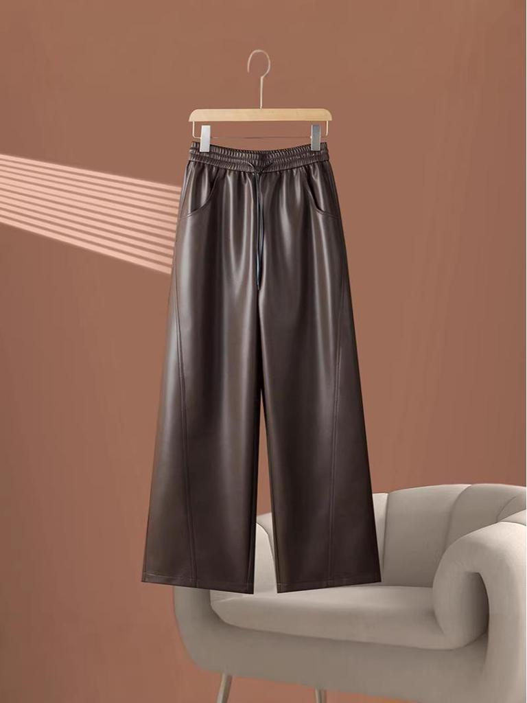 2025 Autumn/Winter Women's High Waist Leather Pants - Stylish Wide-Leg, Loose-Fit, Elastic Drape Trousers