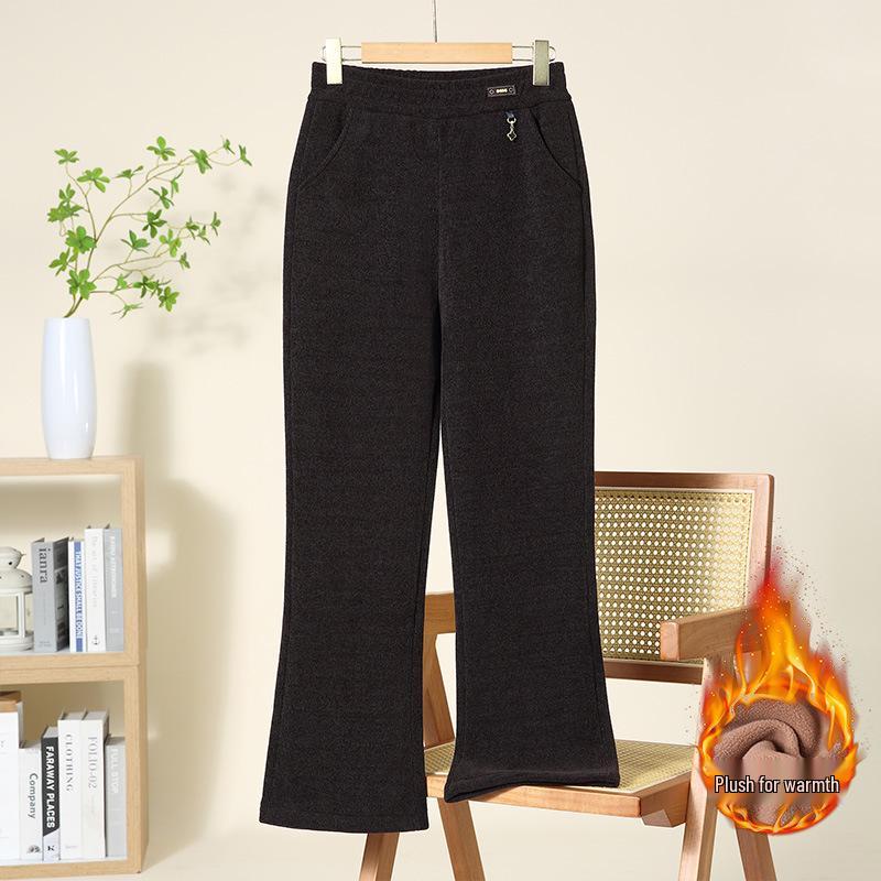 

Mom s Warm Velvet High-Waist Flared Pants - Autumn/Winter, Elastic, Loose Fit for Middle-Aged & Elderly Women 2XL (105-120 jin) кавовий