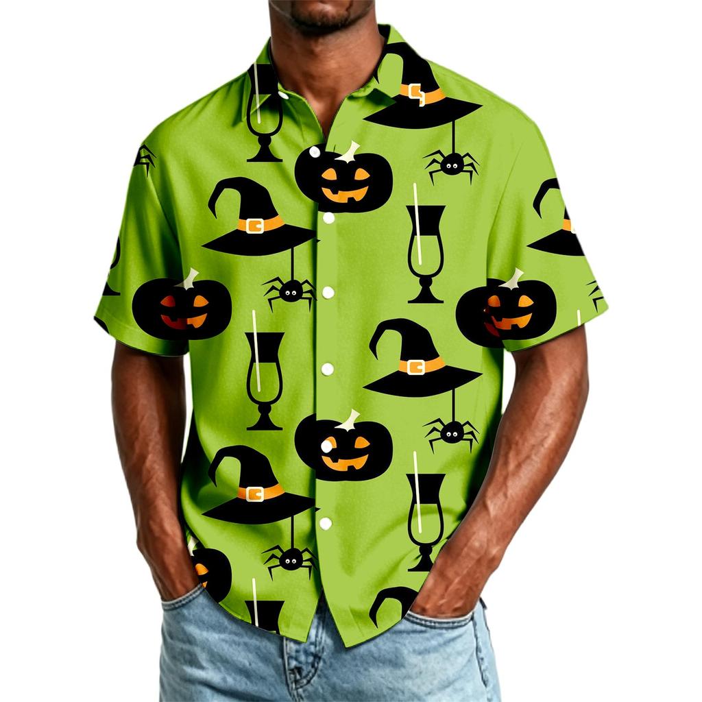 Herren Freizeithemd Kurzarm Button-Down Halloween-Print Leichtes Atmungsaktives Gewebe Lockere Passform Hemd für den Alltag