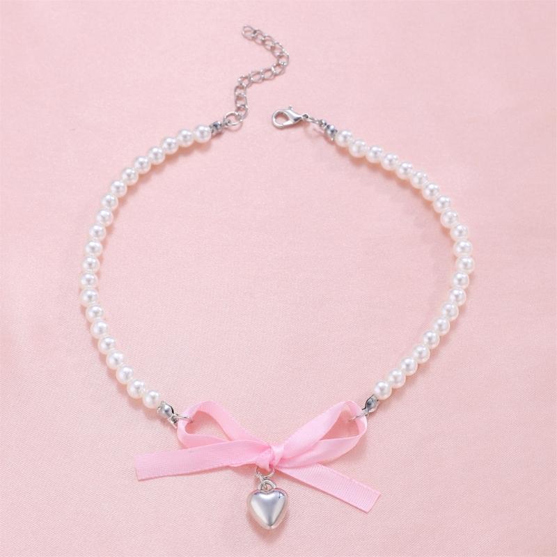 Elegante Halskette mit Perlenanhänger und Herz-Schleife für Frauen, süße, vielseitige Choker-Charme-Halsketten, Modeschmuck, Geschenk