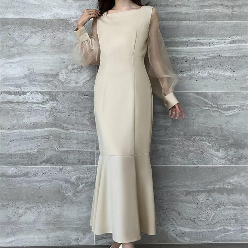 

Весеннее сетчатое пэчворк-фонариковый рукав повседневное платье женское модное элегантное платье-рыбий хвост женское летнее однотонное облегающее винтажное платье с квадратным воротником 26152 L абрикосовый