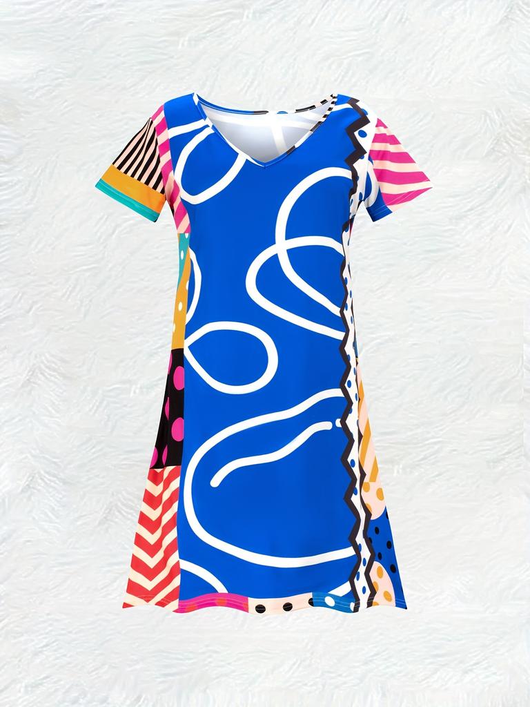 Casual V Neck Short Sleeve Dress for Women Abstract Irregular Print Summer Dress Flowy A Line Dress Trendy Everyday Outfit