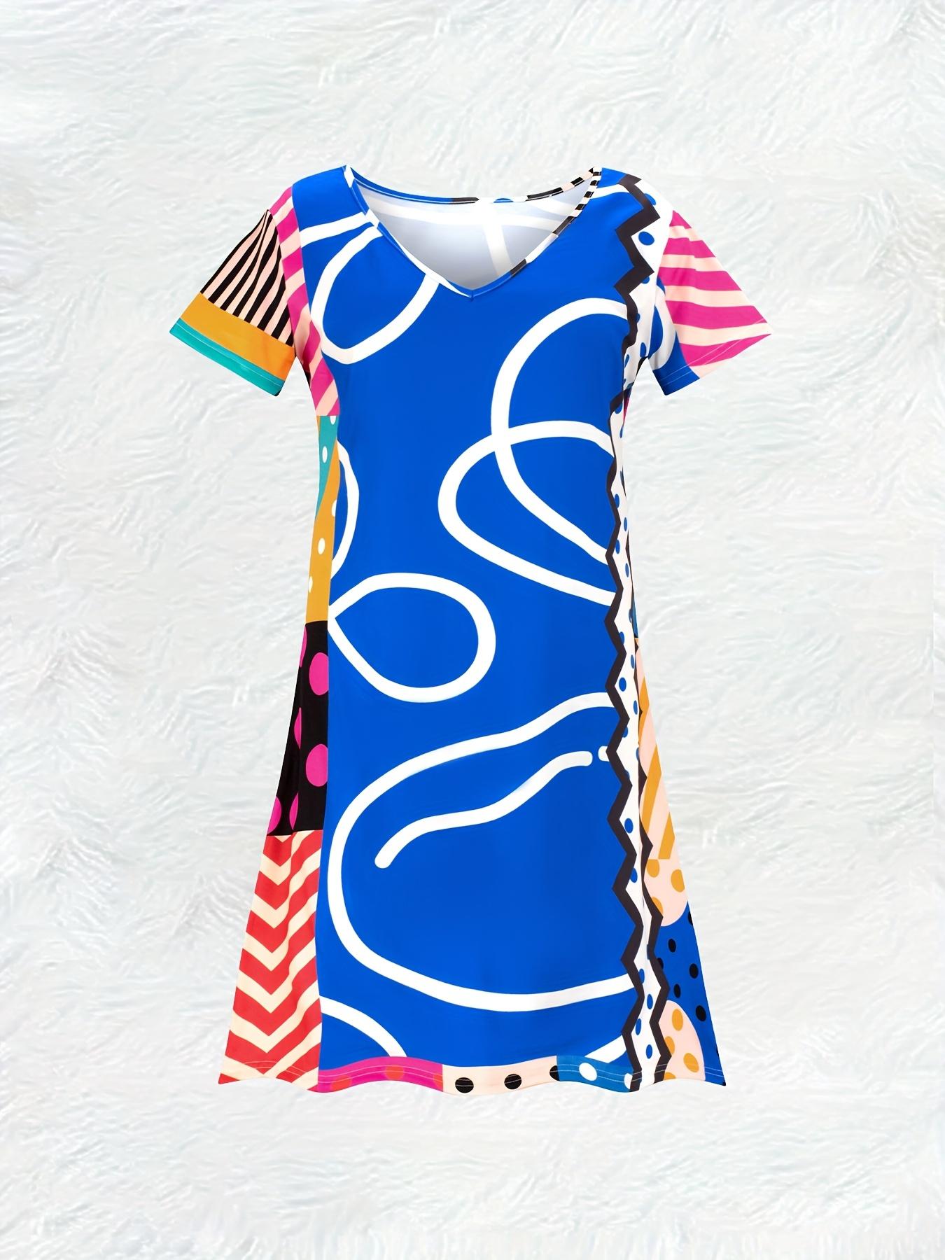 

Casual V Neck Short Sleeve Dress for Women Abstract Irregular Print Summer Dress Flowy A Line Dress Trendy Everyday Outfit S