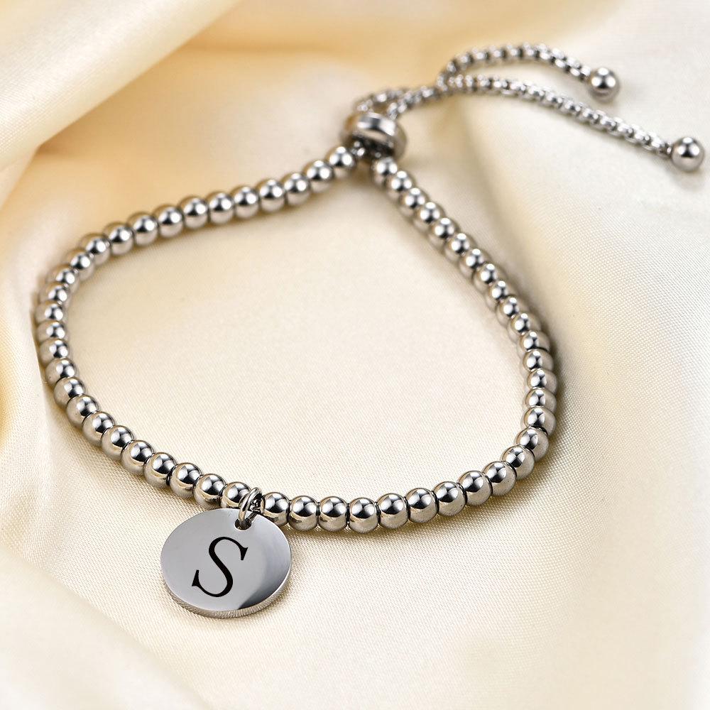 Adjustable Round Beaded Bracelet with 3MM Titanium Steel Beads  26 English Letters for Women