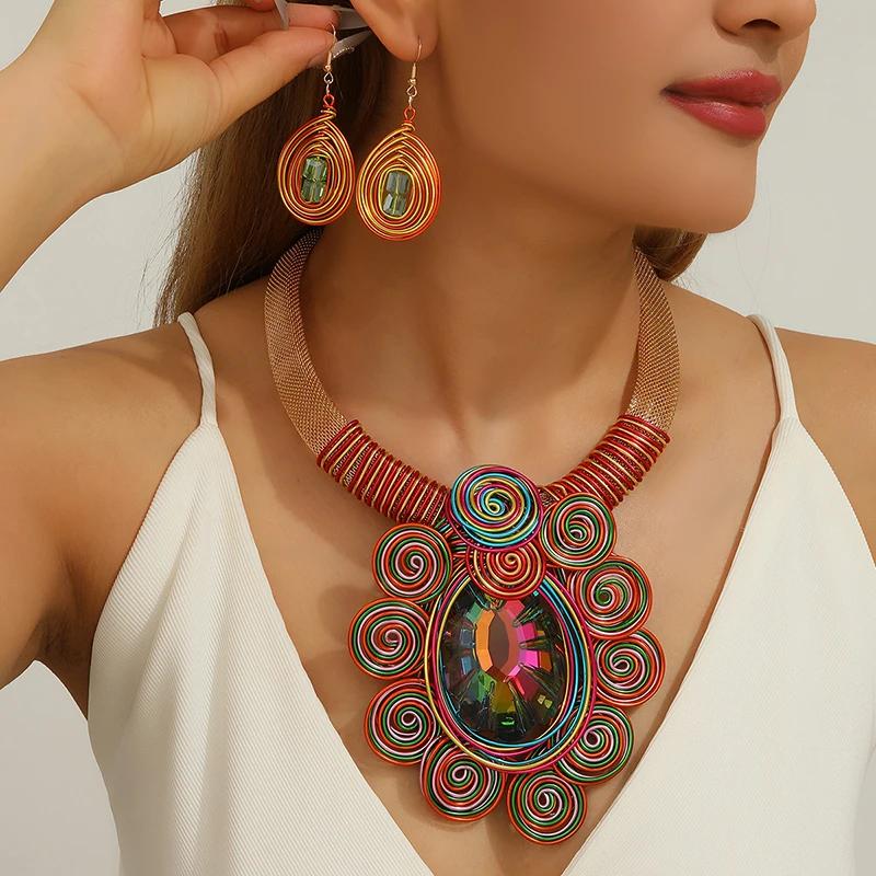 Women Water Drop Crystal Necklace Earrings Handmade Aluminum Wire Woven Jewelry Party Wedding Bridal Gift