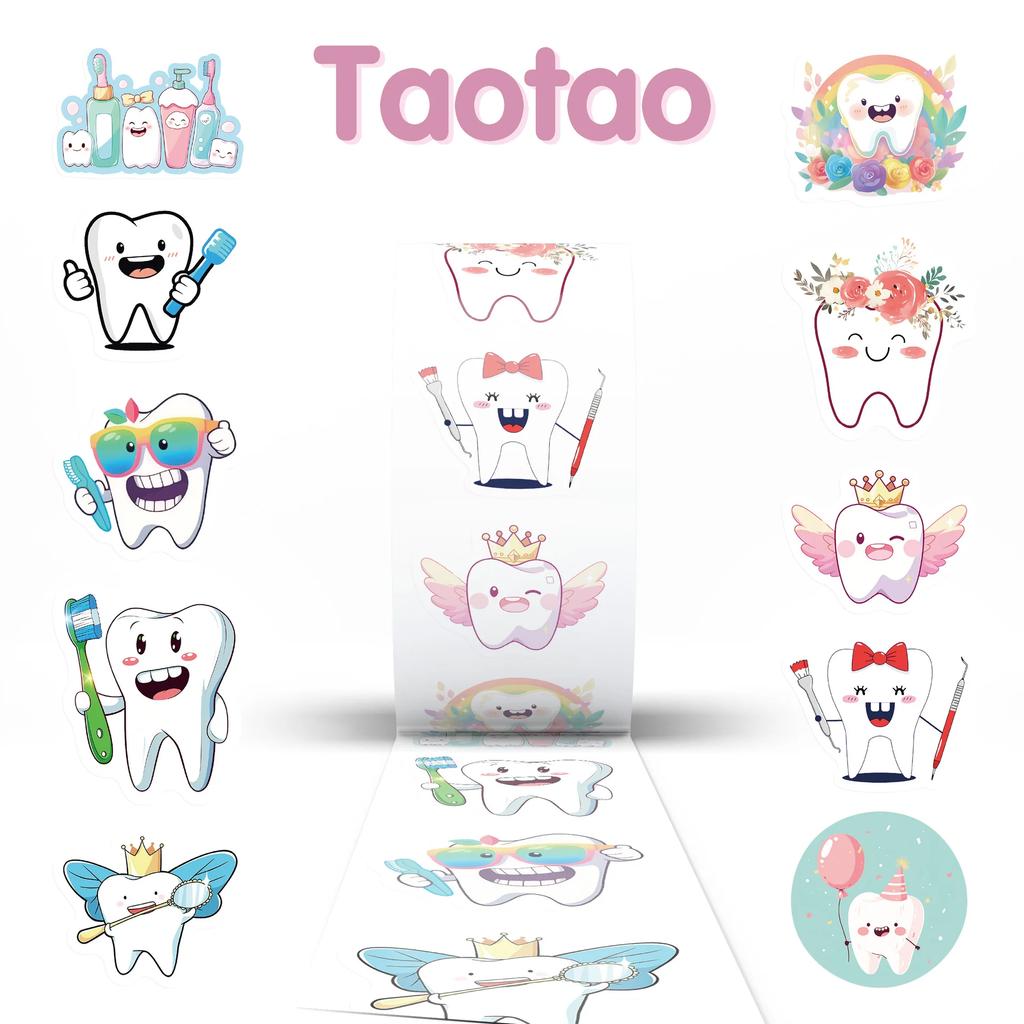 500 Stück/Rolle Niedliche Zähne Cartoon Rollenaufkleber Kawaii Zähne Versiegelungsaufkleber Diy Gepäck Telefon Gitarre Wasserdichter Aufkleber Kinder Spielzeug