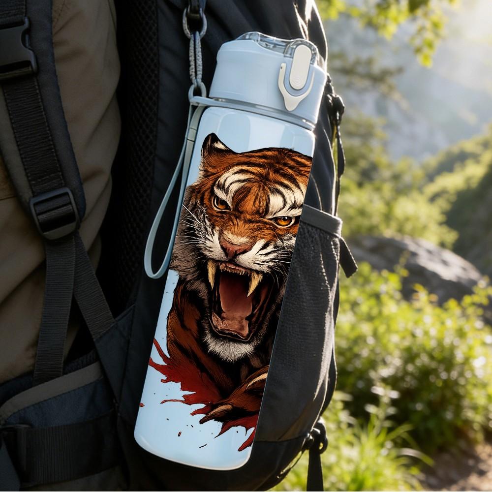 1PC Fierce Tiger Wild Animal Pattern 750ml Color Plastic Sports Water Bottle Leakproof Flip Straw Lid Suitable for Sports Office Home Use