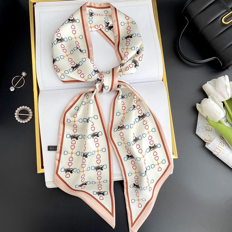 Simulated silk scarf, high-end women's headband, decorative scarf, streamer, fresh color matching, rhombus small scarf, headband.