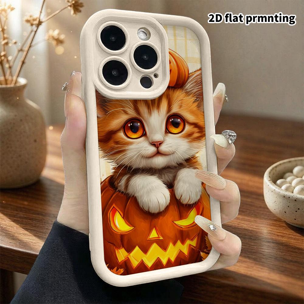 Phone case: 2D flat, suitable for iPhone 18 17 16 15 14 13 Pro protective case, orange and white kitten, perfect Christmas and Halloween holiday gift