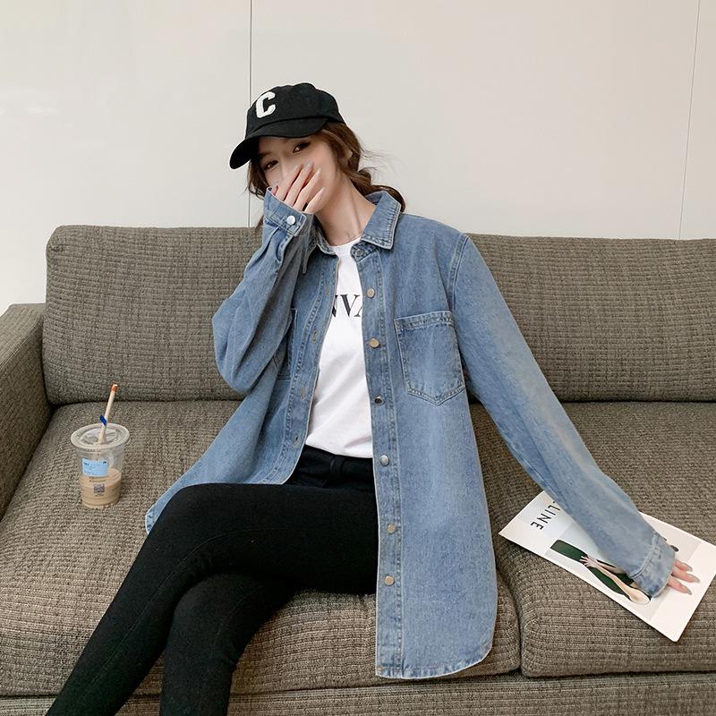 Women's Retro Denim Shirt Jacket - Korean Style, Casual Autumn Long Sleeve Top