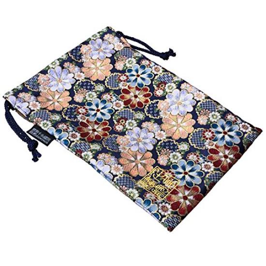 Senshishuin Nishijin Brocade Drawstring Bag Colorful Flowers in Full Large (Lined) - Bloom/Navy,