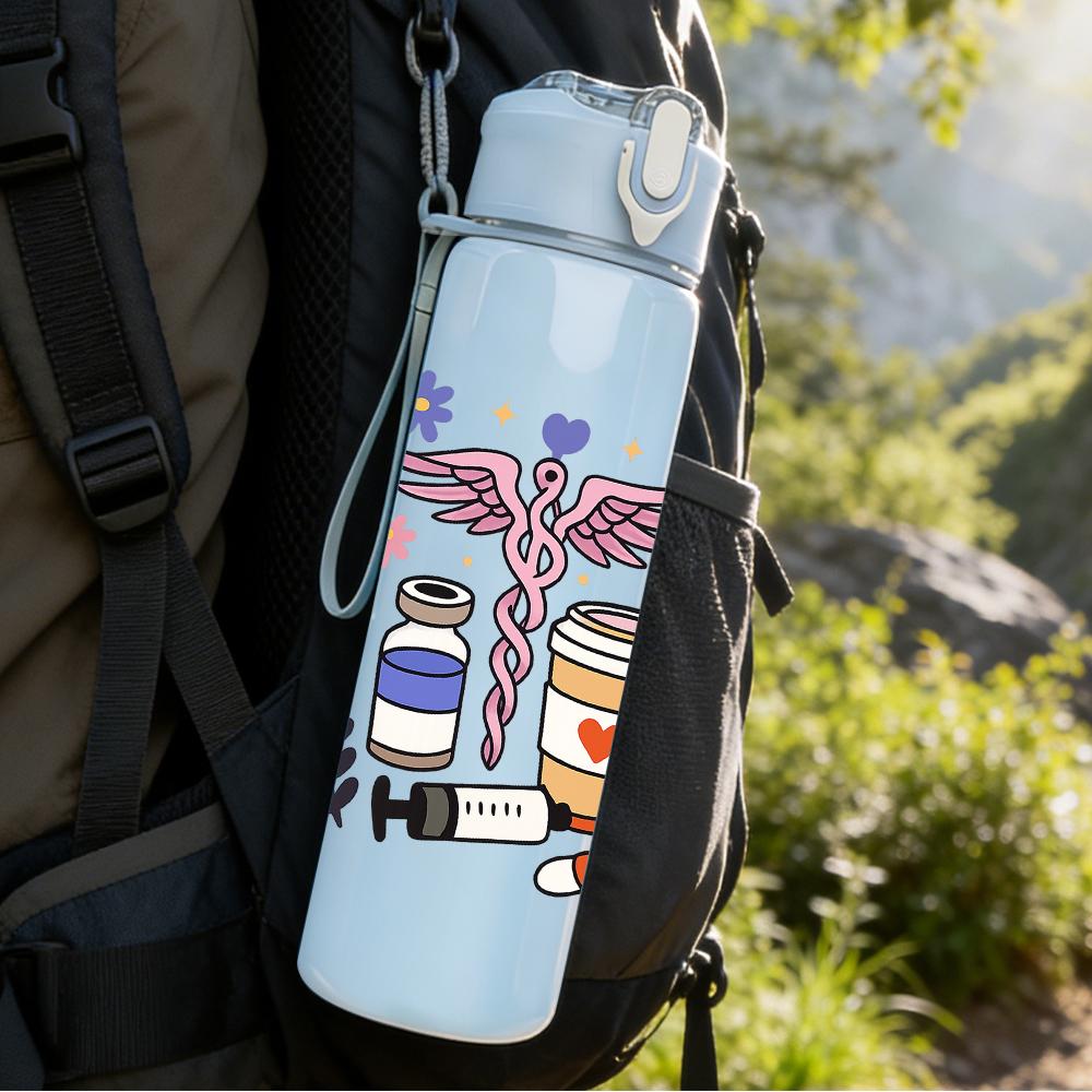 1PC Medical Nurse Tool Graphic,750ml Color Plastic Sports Water Bottle,Leakproof Flip Straw Lid,Suitable for Sports Office Home Use