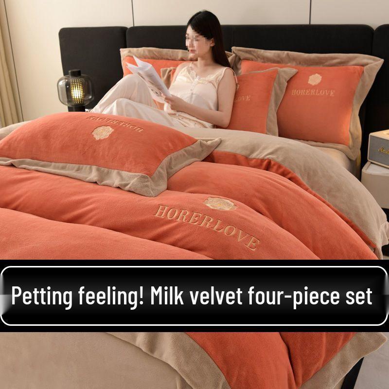 Winter Flannel Milk Fleece Bedding Set: Double-Sided Coral Duvet Cover & Sheet - Cozy for Babies 1.8m Sheet Style [Duvet 200x230]
