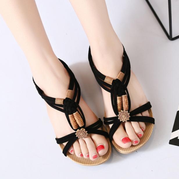 Flat Sandals Female Flat With Beaded Bohemian National Sandals Student Casual Beach Shoes