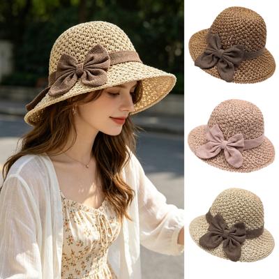Women Sun Hat, Small Brim Straw Fisherman Hat, with Bow Decor Sun Protection UV Block Hat for Summer Outdoor Travel