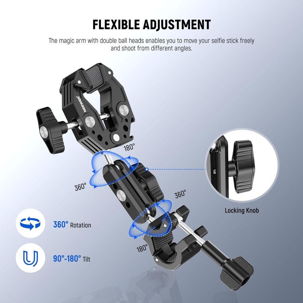 NEEWER Bike Camera Mount, Bike Multi-Bar with Dual Ball Head/Super Clamp/Action Camera Adapter, Bicycle Handlebar Hidden Selfie Stick, Clamp Bar Compa