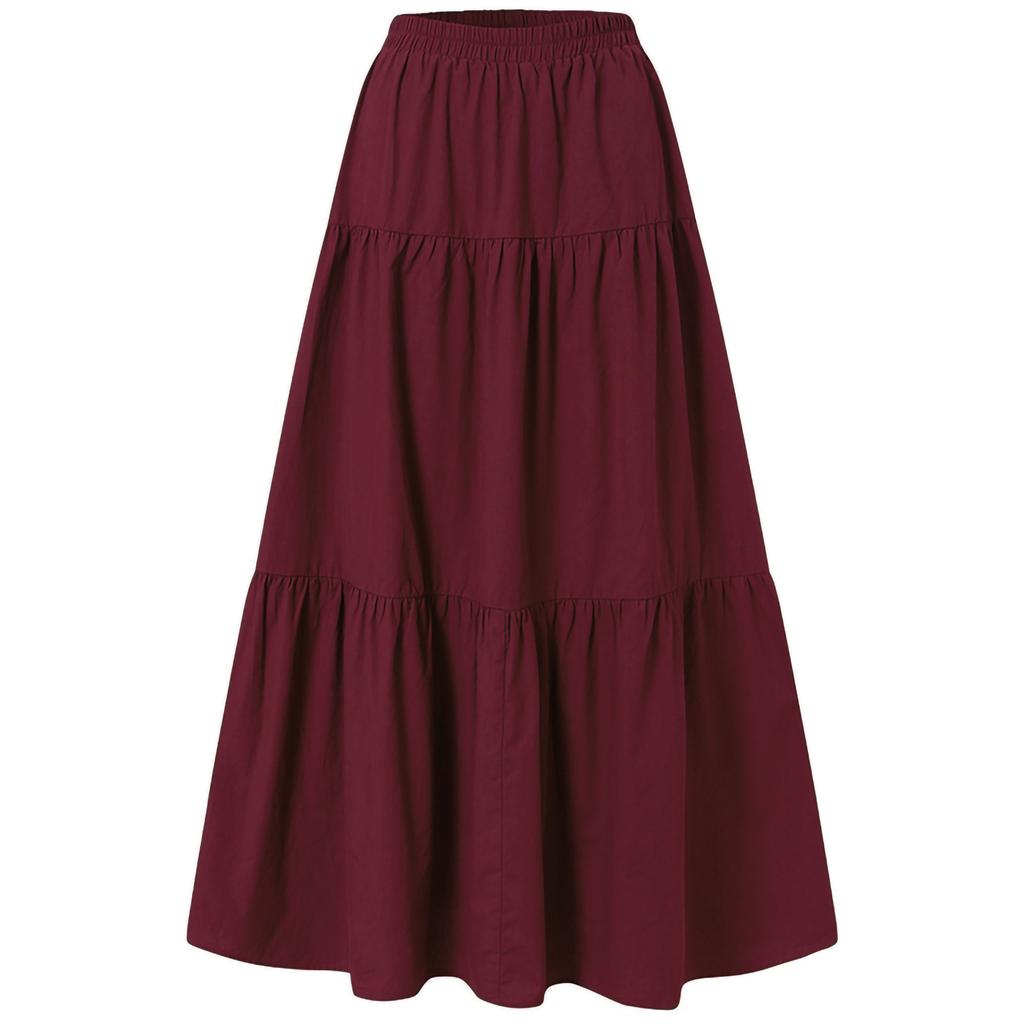 Women's Casual Long Skirts Solid Color Pleated Big Hem Elastic Waist Loose Fit Skirts, Simple Style Bottoms