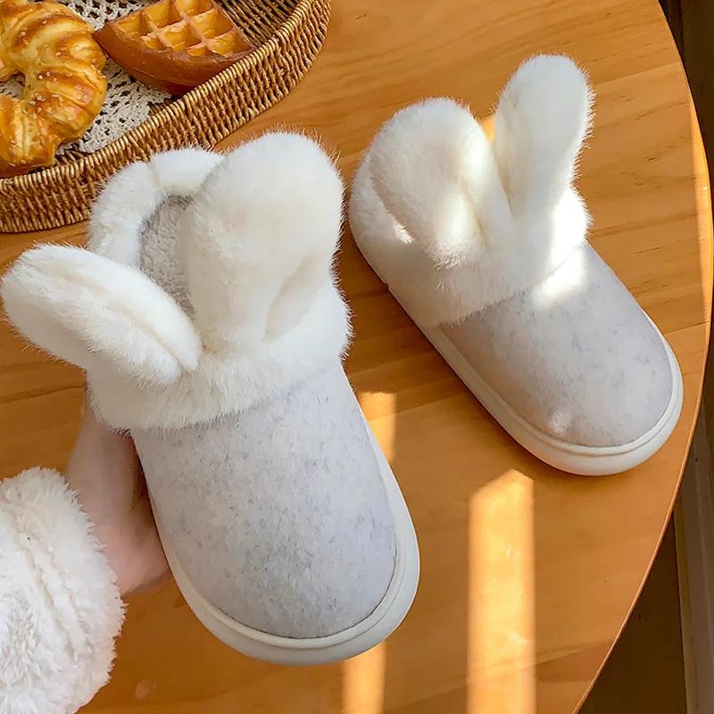 Fashion Platform Fluffy Slippers Women House Plush Rabbit Designer Winter Shoes Girls Flats Elegant Indoor Fashion Casual Footwear Warm
