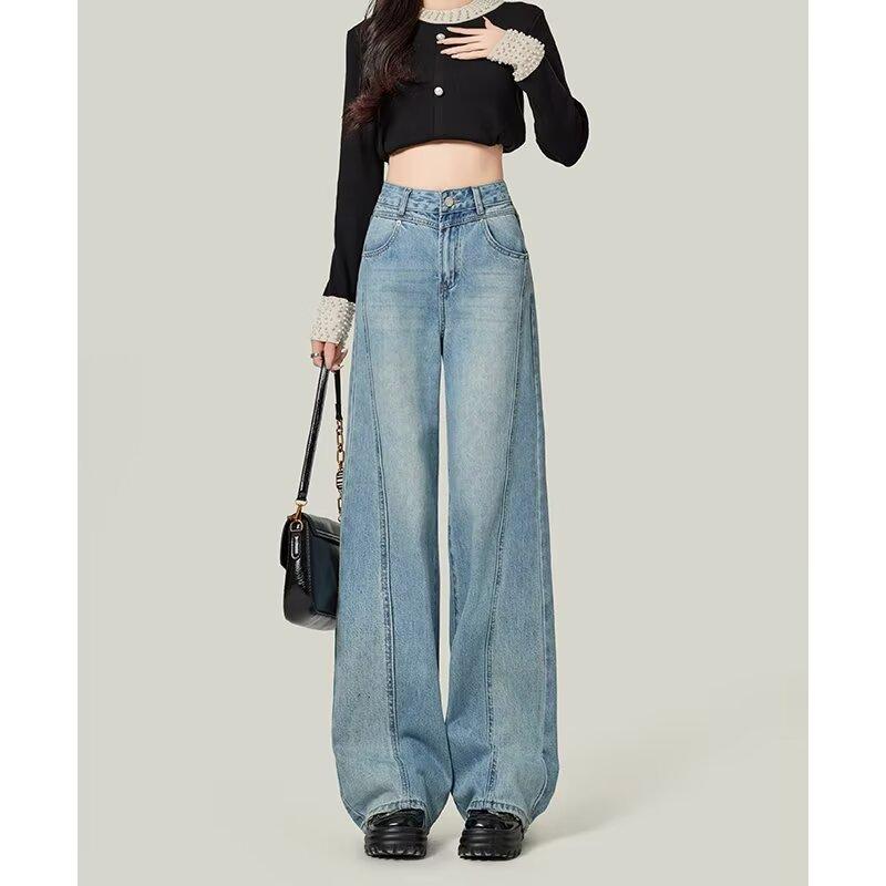 

Light Blue High-waisted Retro Scimitar Jeans for Women In Spring New Loose Slimming Wide-leg Floor Pants 4XL
