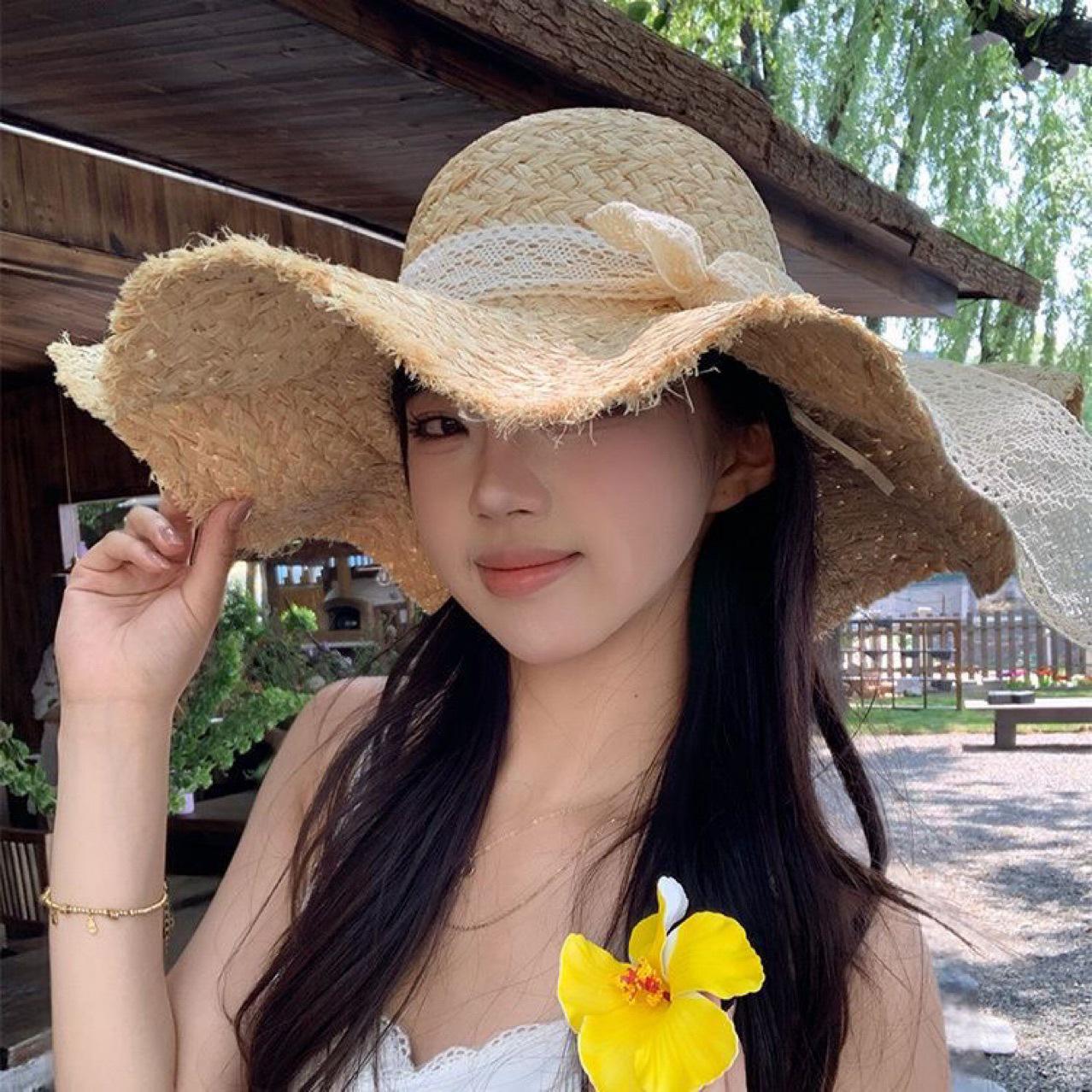 

Lace-Trimmed French Bow Straw Hat - Sun Protection Beach Hat Beige Straw Hat with Wavy Brim + Lace Ribbon Bow