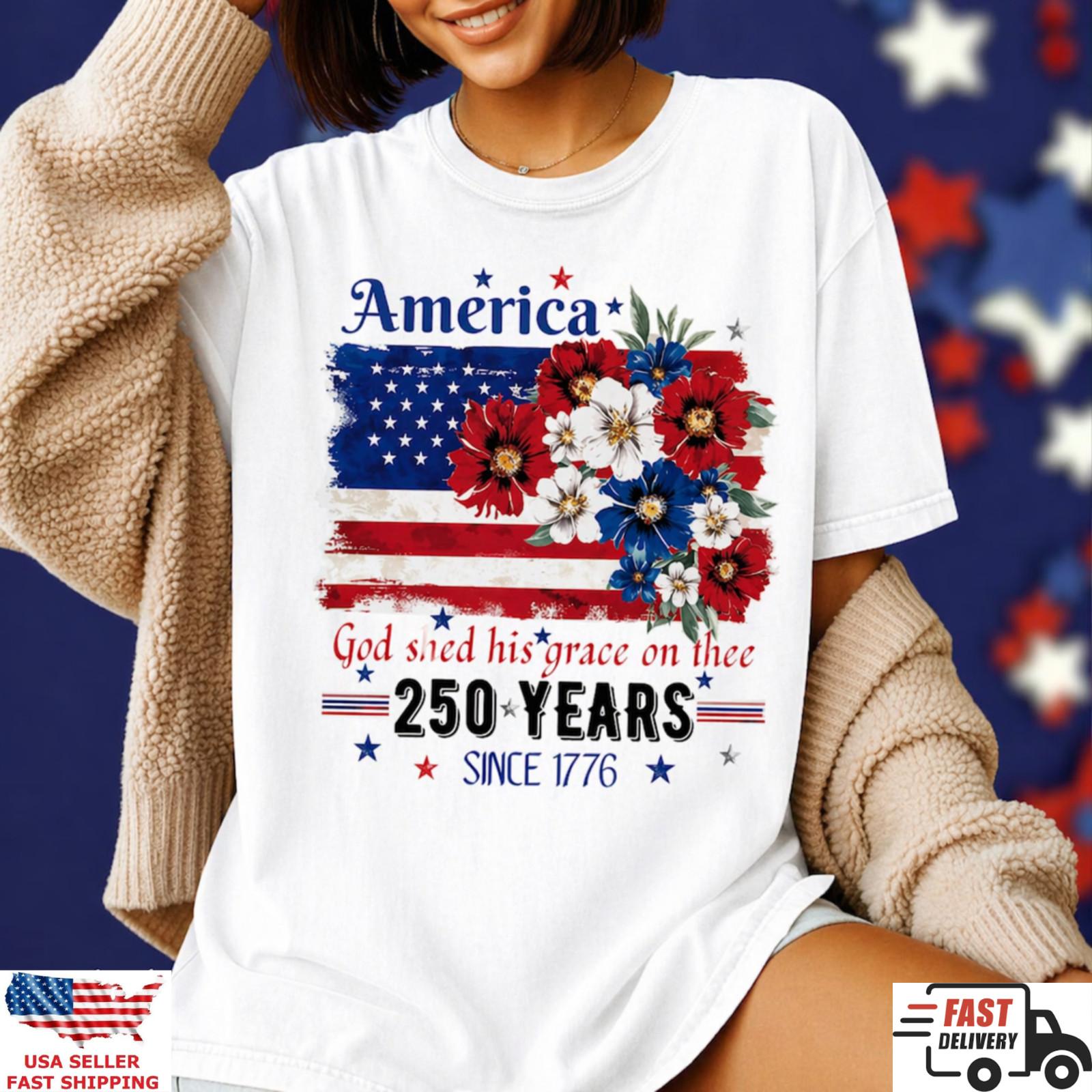 America 250 Years Shirt Patriotic 1776 Independence Day Floral Tee M