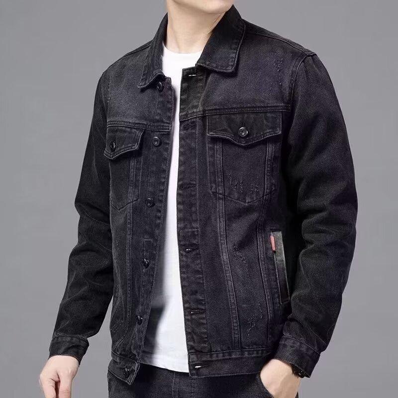 Men s slim denim jacket jacket youth fashion versatile black denim jacket men M