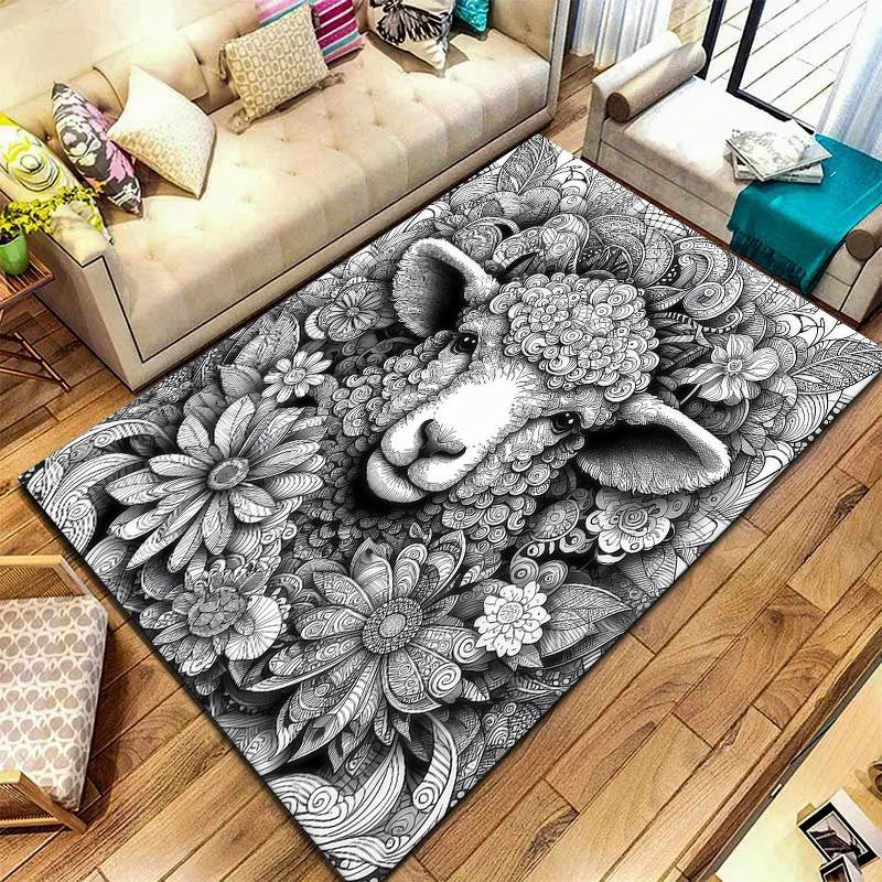 Black White Animals Pattern Square Carpet,Area Rug,Carpet Rug for Living Room Bedroom Sofa Playroom Decor,Non-slip Floor Mat,Holiday Birthday Gifts