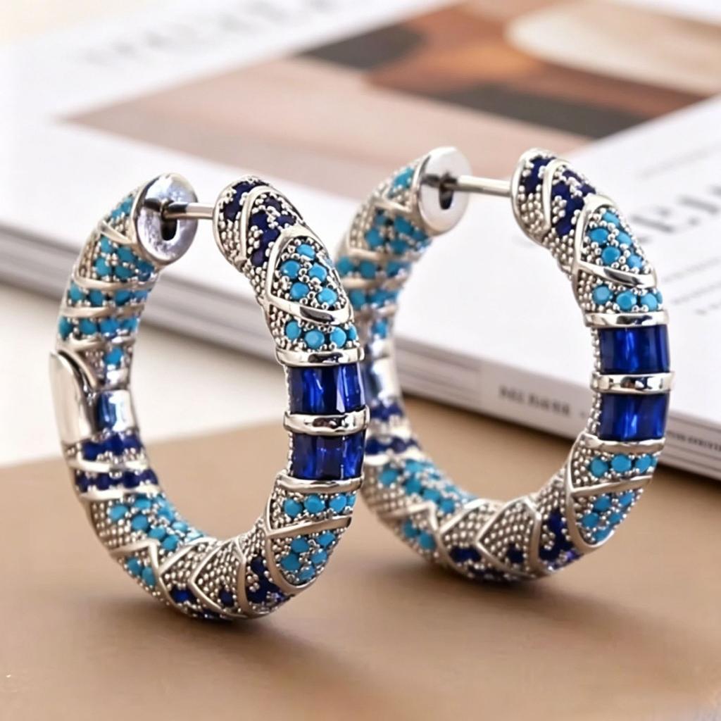 2026 New Arrival Luxury Elegant Bohemian Blue Zircon Enamel Hoop Earrings for Women Fashion Simple Geometry Party Jewelry Gifts
