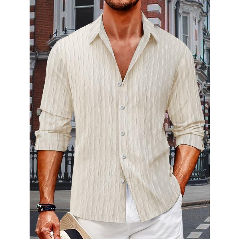 Camisa de Manga Larga a Cuadros Jacquard con Cuello Camisero de Solapa de Botón Único