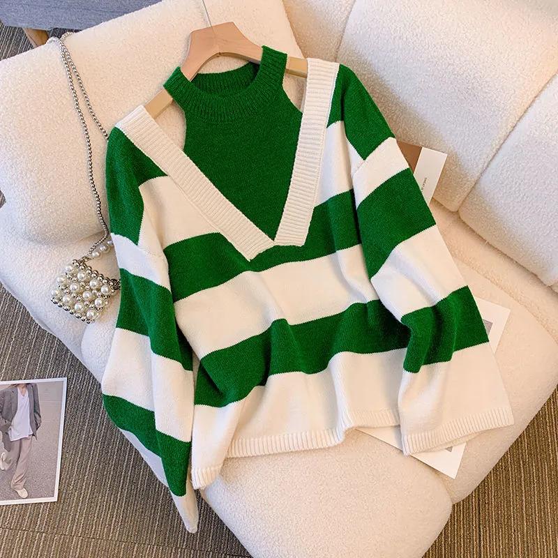 Autumn Winter Women Sexy Off Shoulder Fake Two Piece Knitted Pullover French Style Soft Top Casual Loose Striped Sweater