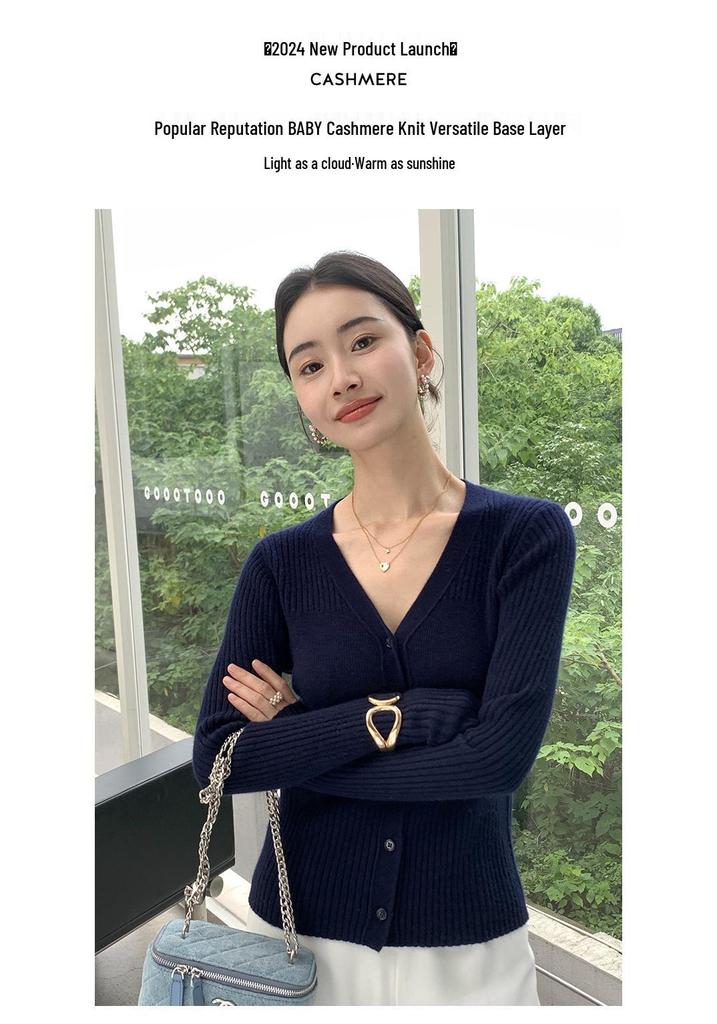 Women's Slim Fit V-Neck Cashmere Cardigan - 2024 Autumn/Winter Solid Color Knit Top