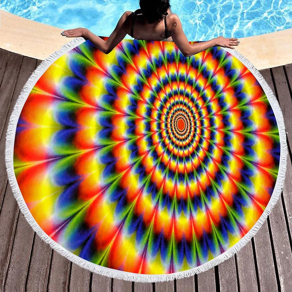 Round Beach Towel Psychedelic Surrealism Beach Blanket,Soft Comfortable Anti-Sand Absorbent Quick-drying Pool Towel Picnic Mat