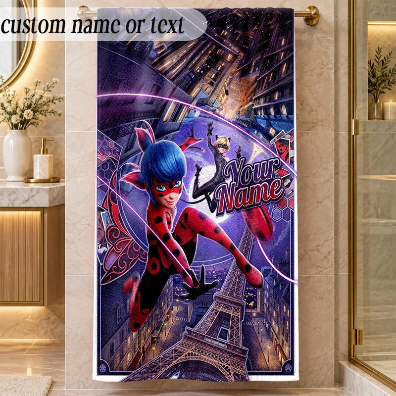 Beach TowelMiraculous Ladybug Custom Name Text Personalized Soft Towel for Beach Pool Indoor Home Decor Gift