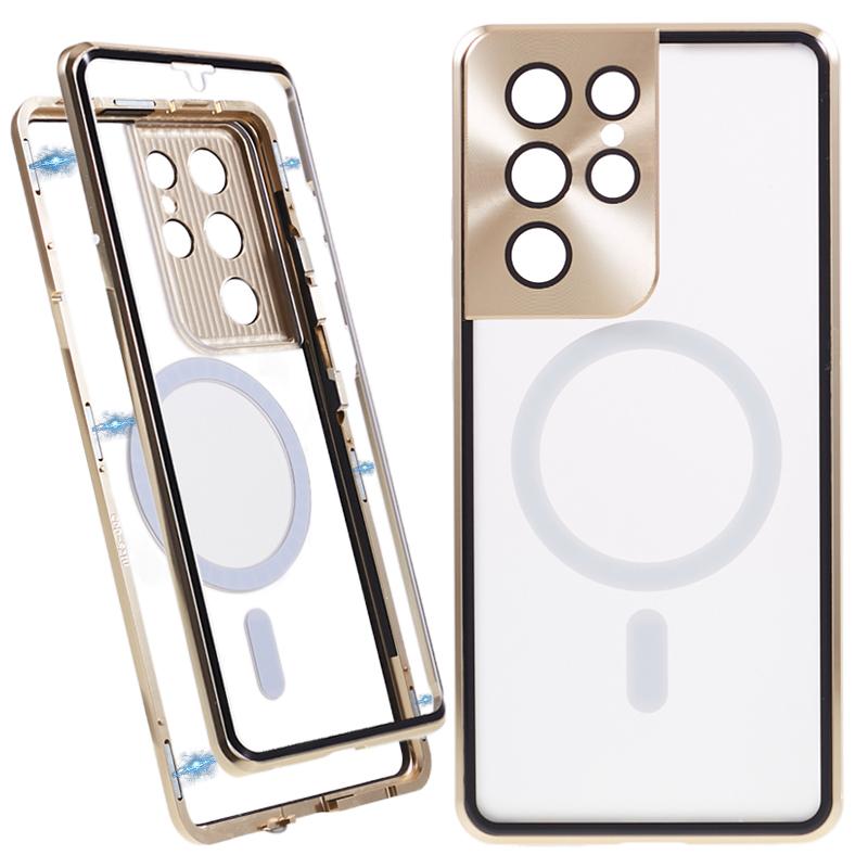 

Для Samsung Galaxy S21 Ultra 5G Магнитный чехол для телефона Металлическая рамка Закаленное стекло+Матовый ПК Чехол для телефона Gold