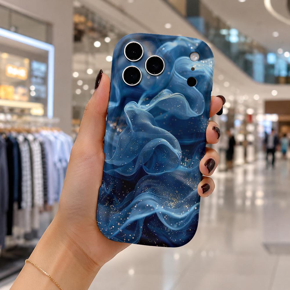 Dark Blue Gold Glitter Smoke Fluid Art Phone Case For iPhone 16 15 14 Pro Max 13 12 11 Mini Wavy Edge Frame Cover