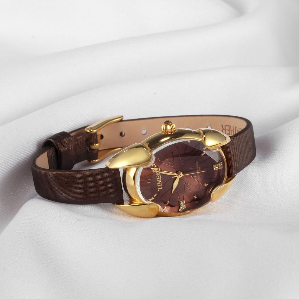 Time100 Watch with Multifaceted Diamond Japanese 30M Water and Brown Butyl Strap Women's Crystal, Movement, Resistance,