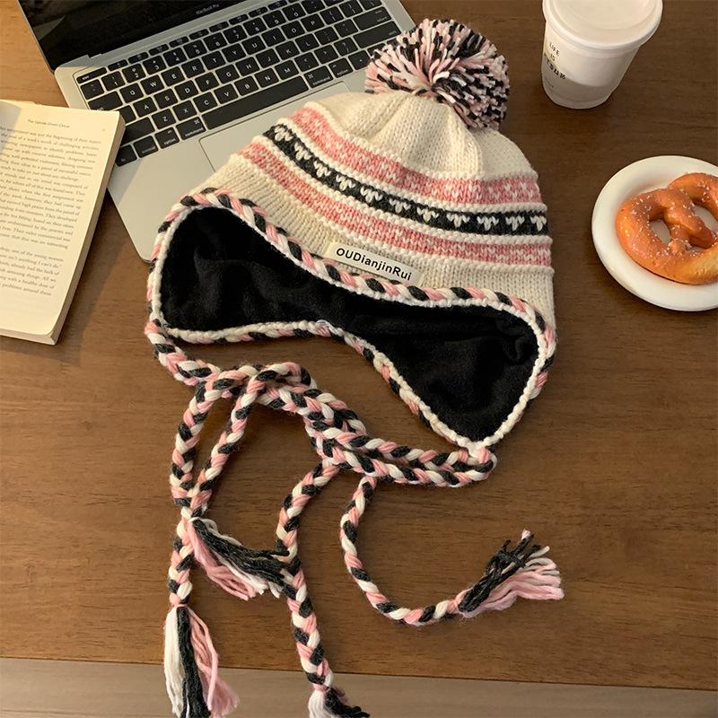 Contrasting Color Hairball Braid Knitted Hat Women's Autumn and Winter Warm Versatile Face Small Ear Protectors
