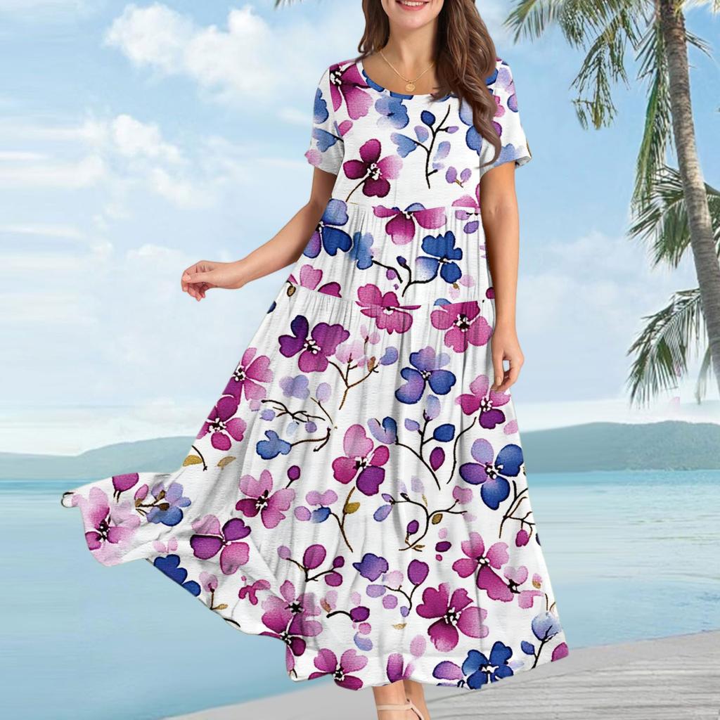 Women's Casual Loose Bohemian Floral Print Short Sleeve Dress