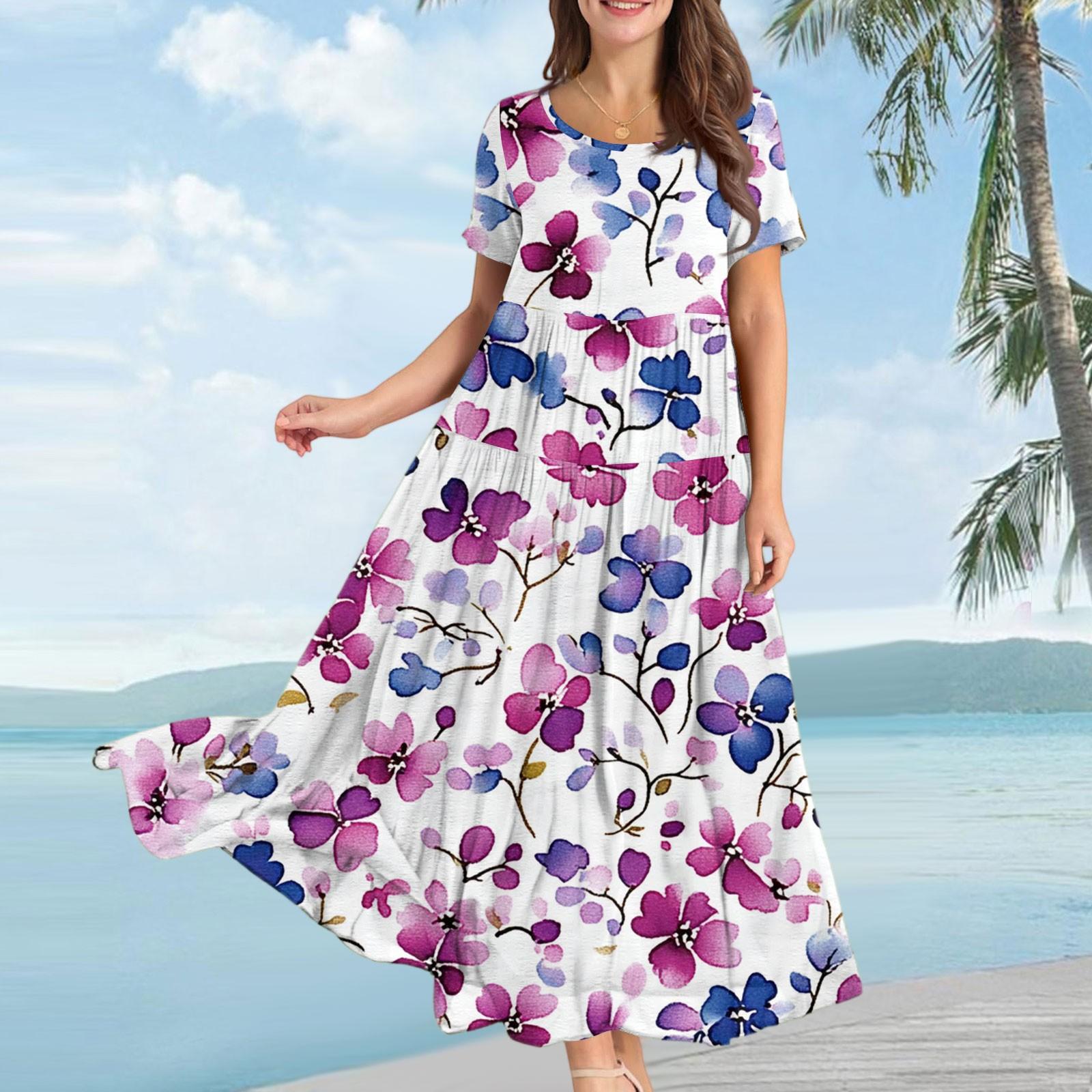 

Жіноча повсякденна вільна сукня в богемному стилі з квітковим принтом та коротким рукавом S