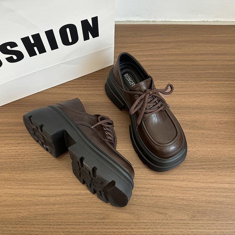

Женские кожаные туфли на шнуровке, одинарные туфли, весна 2025, новая корейская версия, платформа, универсальный британский стиль, трендовые лоферы 40 коричневый