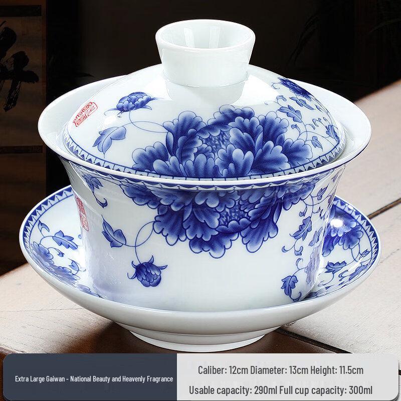 Large Blue and White Ceramic Gaiwan Tea Bowl