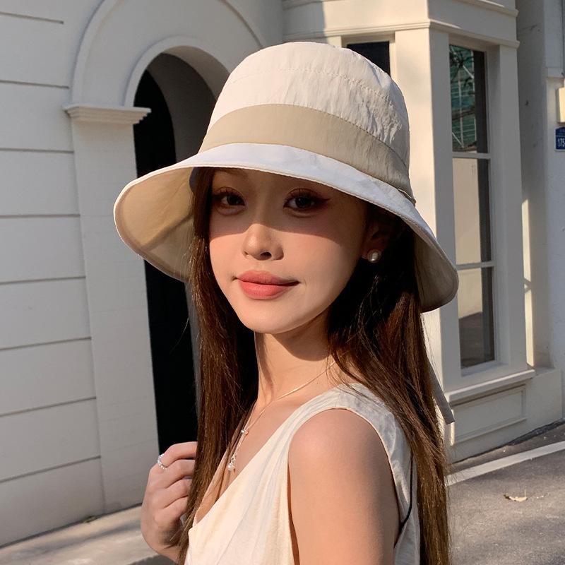 Outdoor Leisure Sun Hat Fisherman Hat Simple Color Block Tether Sun Protection Hat Girl Traveling To Show Her Face Small Hat Early Spring