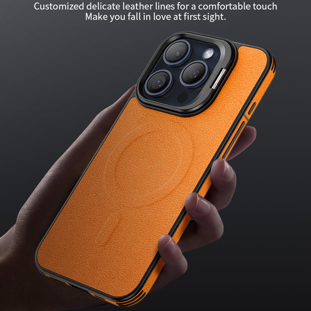 For iPhone 16 Pro Magnetic Case with Lens Kickstand Leather Phone Back Cover