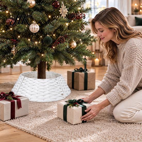 Christmas Tree Collar Handwoven Rattan Collar, Natural Brown Base Skirt, Decorative Indoor Ornament Wicker Stand Cover for Home Office Floor