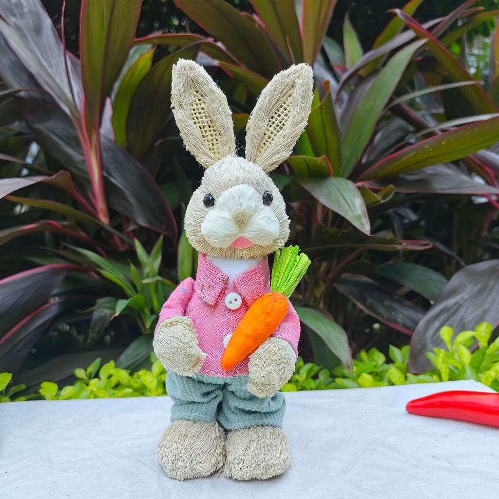 Easter Rabbit Decoration Straw Rabbit Ornament Creative Artificial Bunny Figure 25cm Home Holiday Cute with Flower Wreath