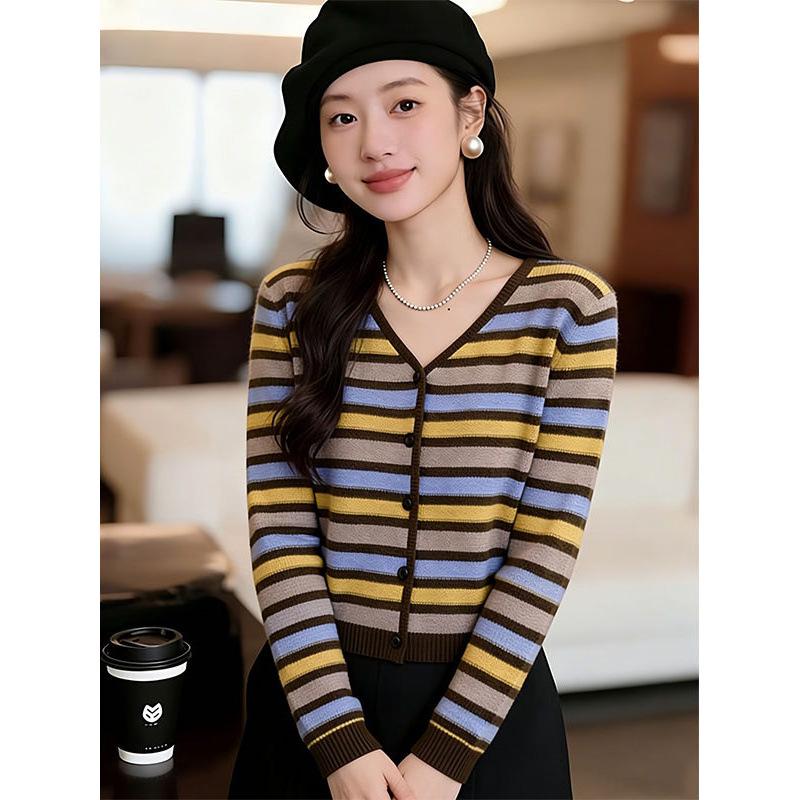 Elegant V-neck Striped Long-sleeve Knit Cardigan for Women - Autumn Fashion Highlight