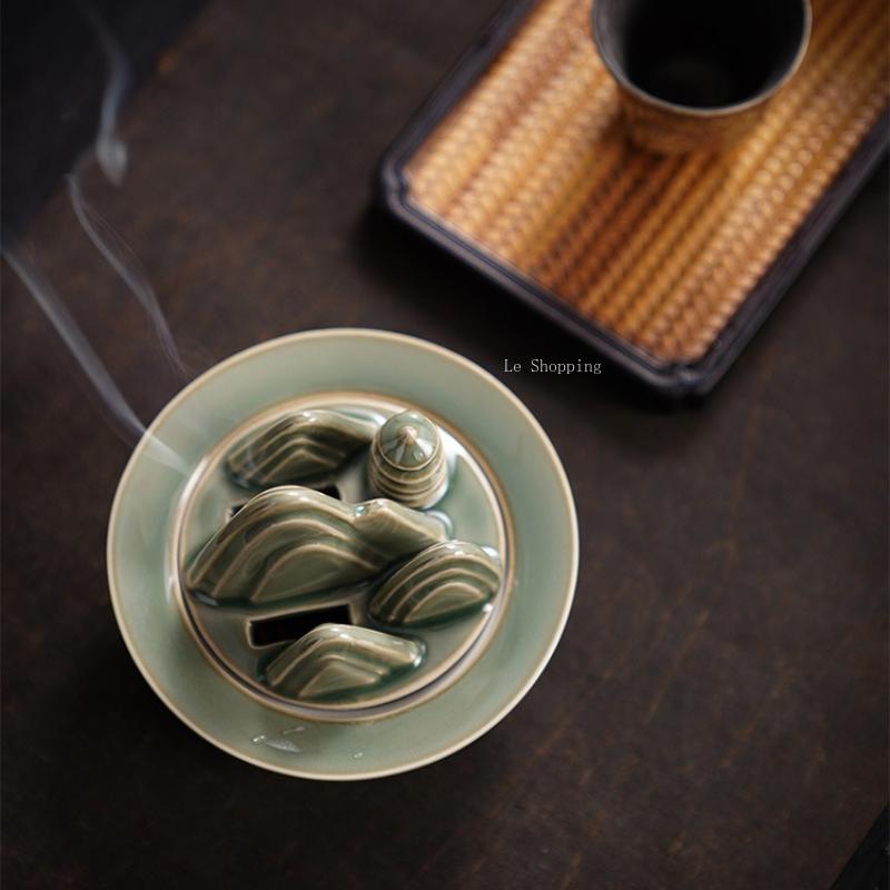 Zen Ceramic Green Mountain Incense Burner Temple Worship Household Indoor Censer Chinese-style Creative Tabletop Decoration