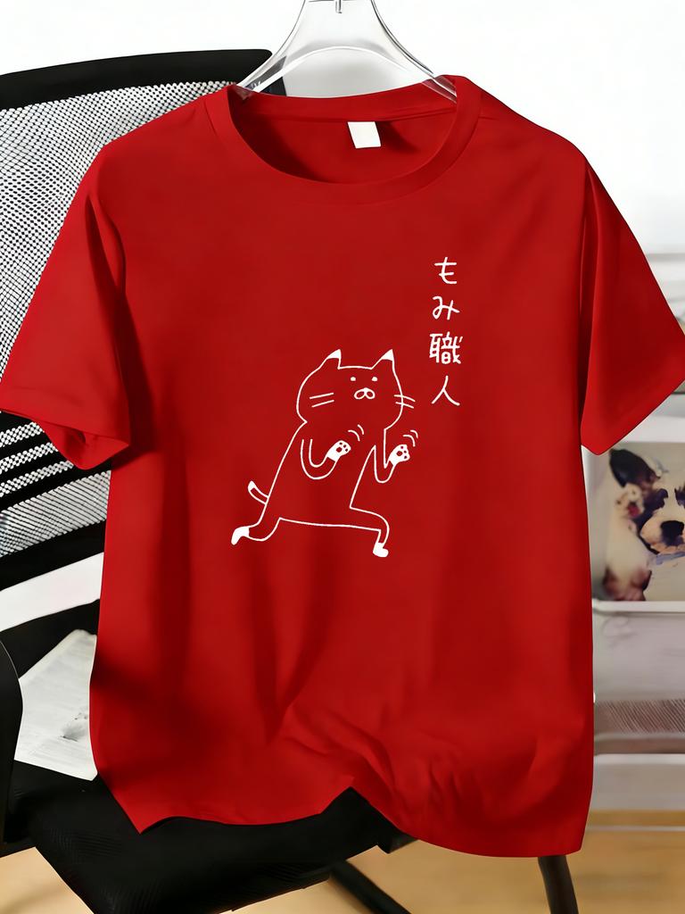 Unisexs Tee Simple Line Cat And Japanese Text Print Cotton Short Sleeve Male Casual Streetwear Outdoor Daily Basic Fashion Top