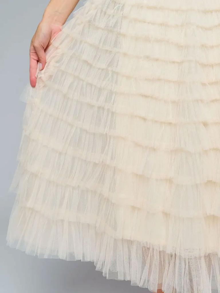 Elastic Waist Mesh Long Skirts for Women Elegant Vintage High Waist Ball Gown Gauze Cake Skirt Female Clothes